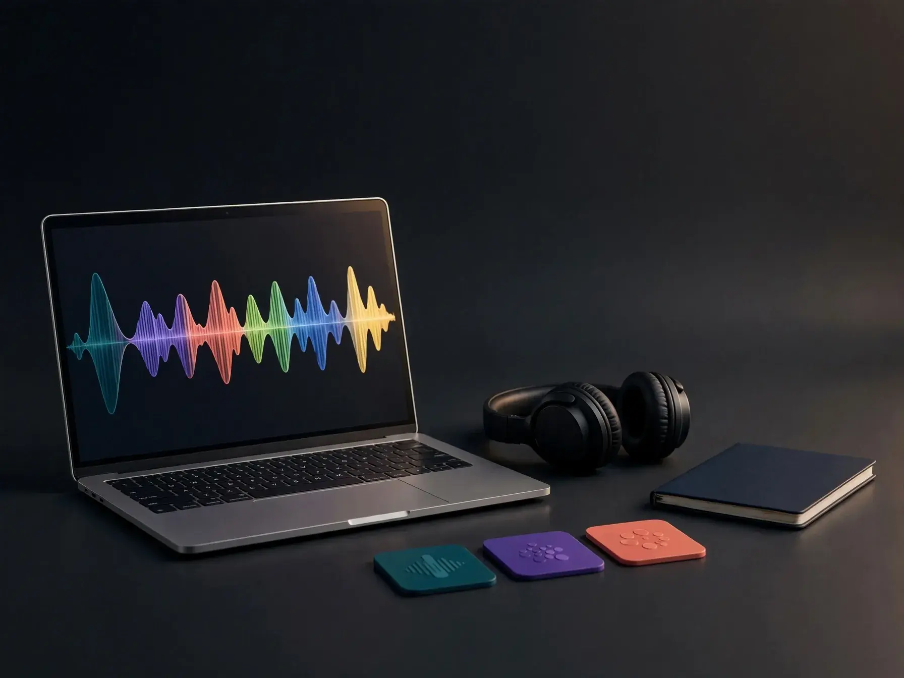 Pessoa usando um laptop para transformar um comando de texto em música em camadas