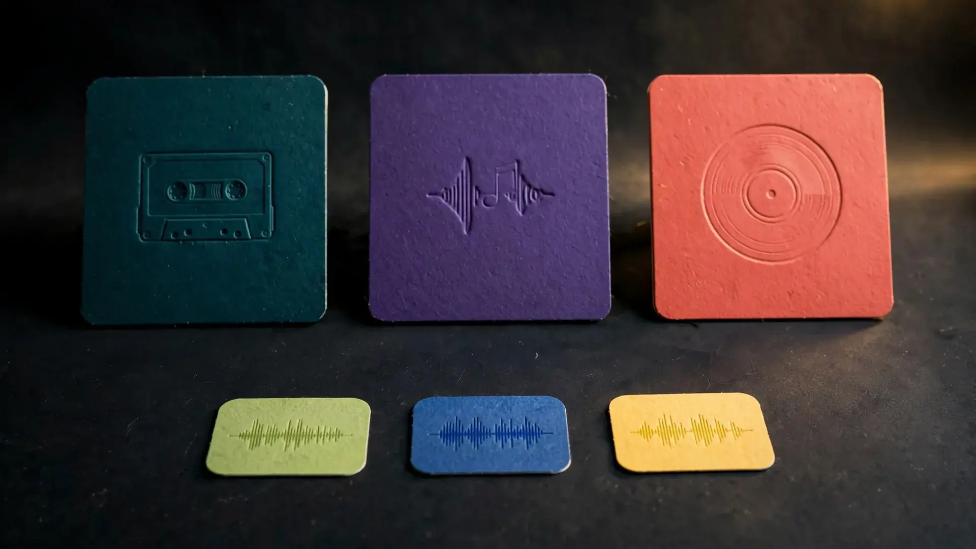 Three square album-cover tiles in teal, violet and coral above small waveforms on a dark surface