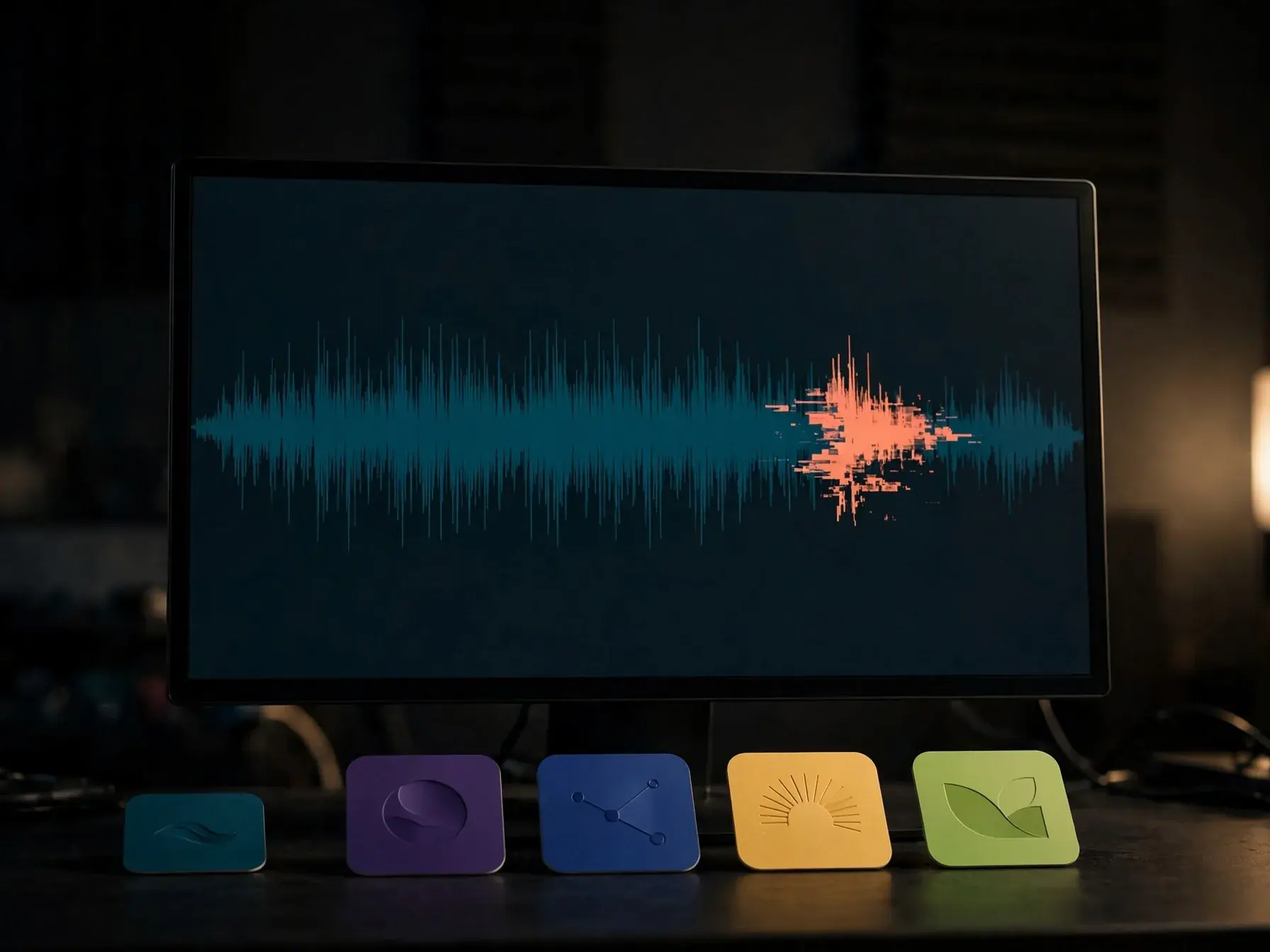 A waveform on a dark screen with one small rough glitchy patch highlighted in coral, the rest clean in teal