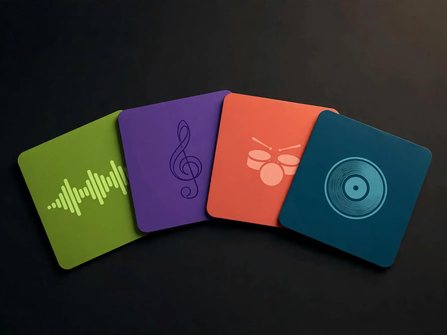 Four square album tiles fanned on a dark surface in lime, violet, coral and teal, each with a different music motif