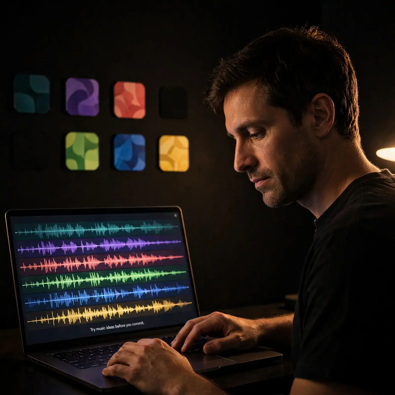 Seseorang memakai headphone sambil mencoba berbagai gaya musik di laptop