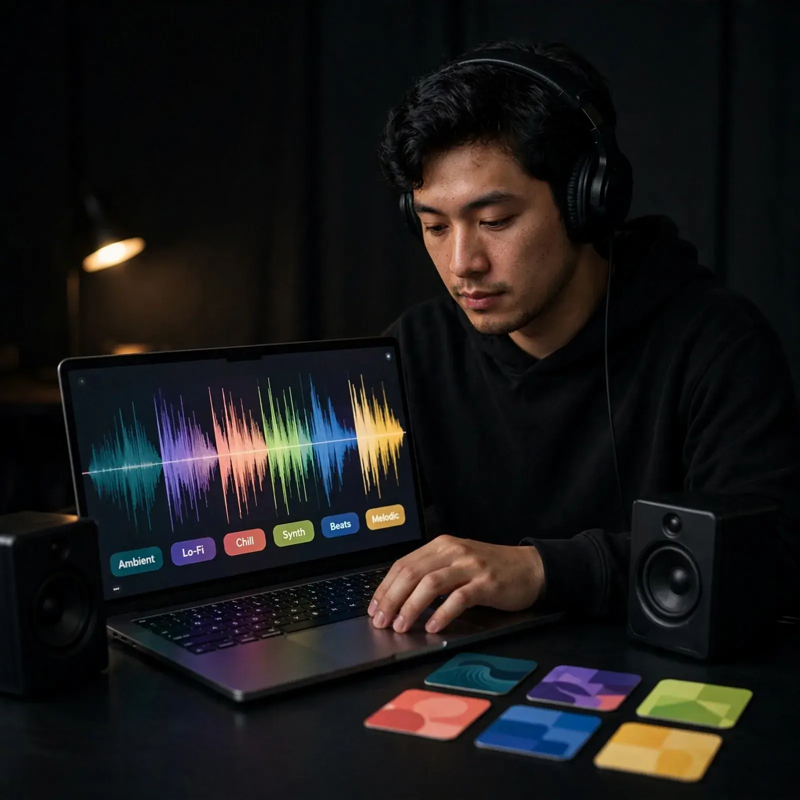 Schlafzimmer-Songwriter überprüft einen gemasterten Song auf dem Laptop