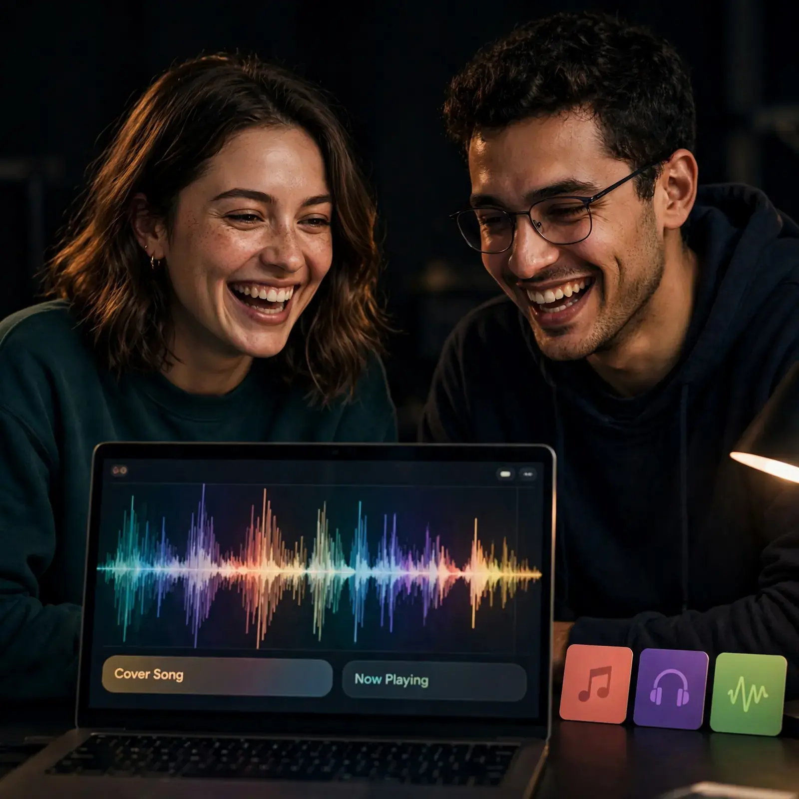 Amigos criando um cover musical pessoal em um laptop
