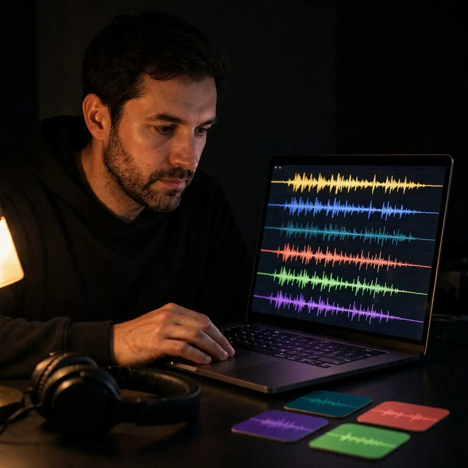 Notebook s rozdělenými zvukovými stopami vedle DJských sluchátek v temném studiu