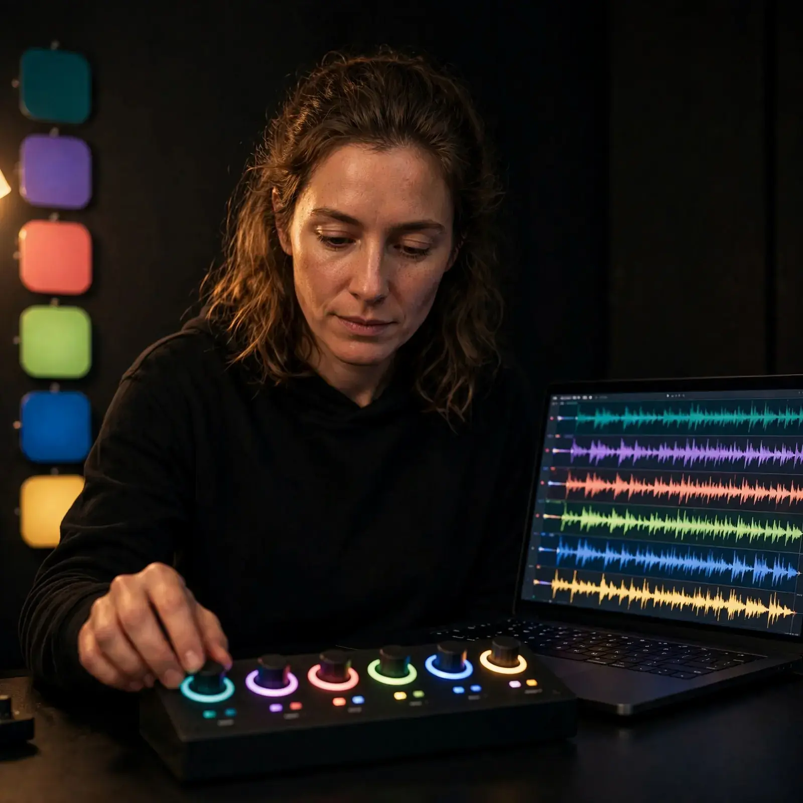 Hudební producent hrající na drum pad při sledování rozdělených hudebních stop na monitoru