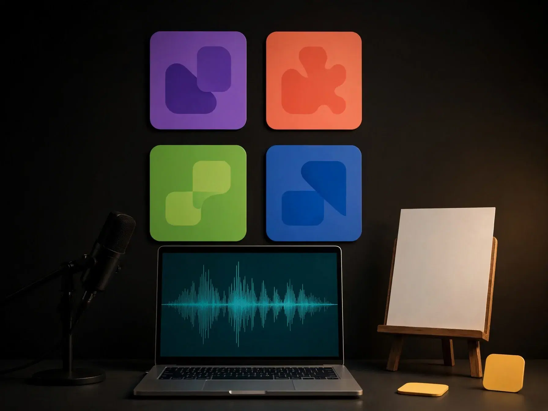 Microphone and laptop playing a backing track for singing practice