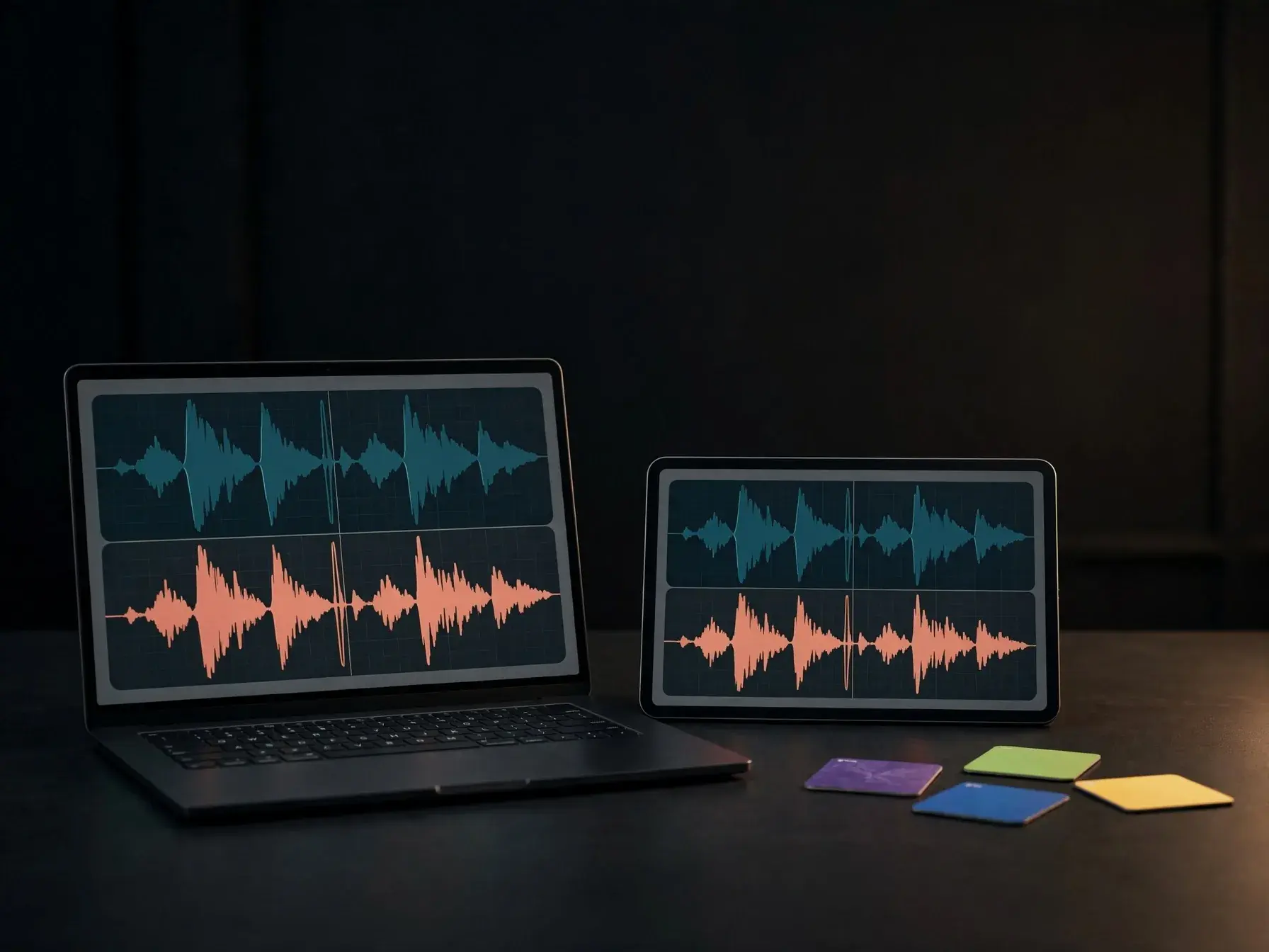 Laptop and tablet showing the same split audio