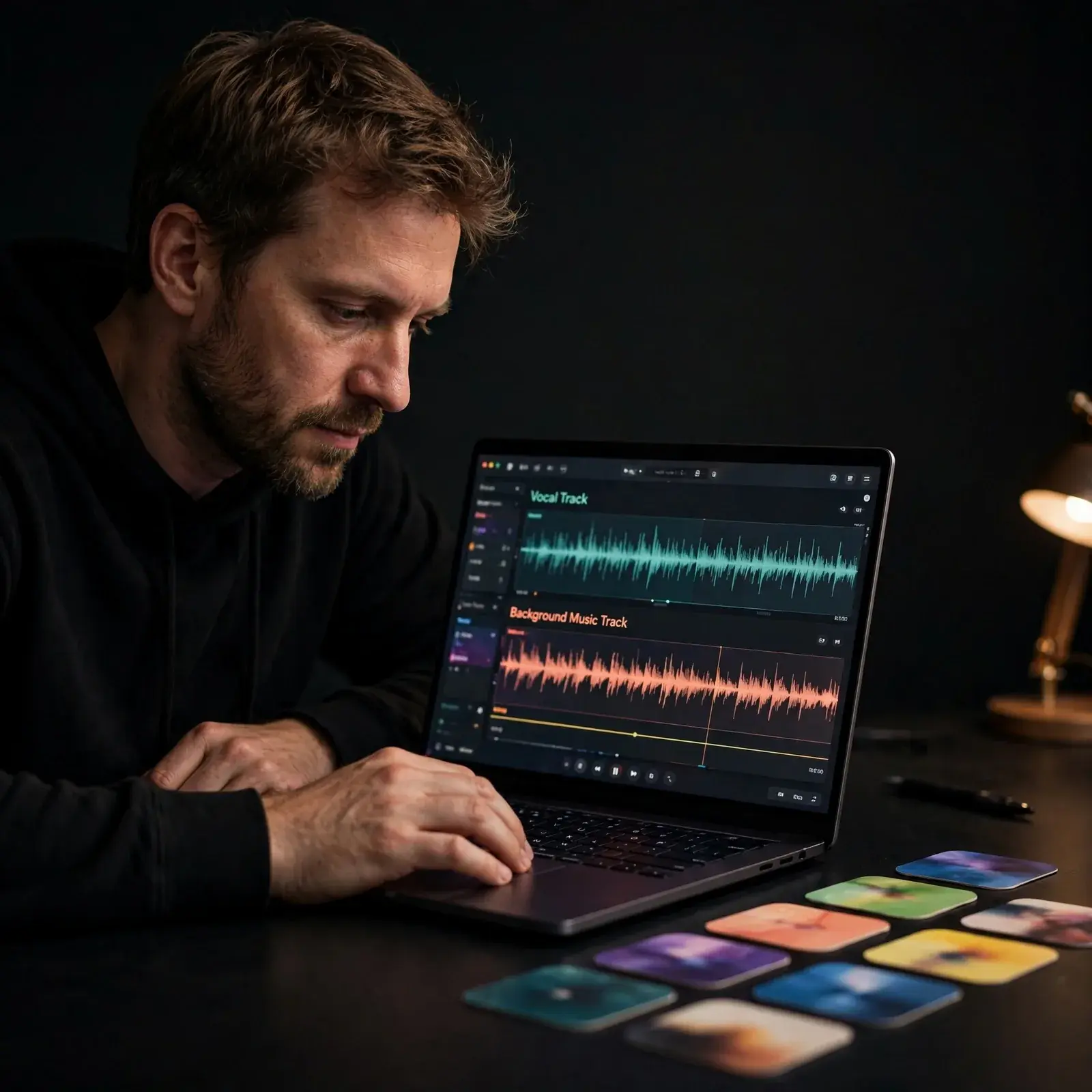 Video creator editing separate vocal and music tracks