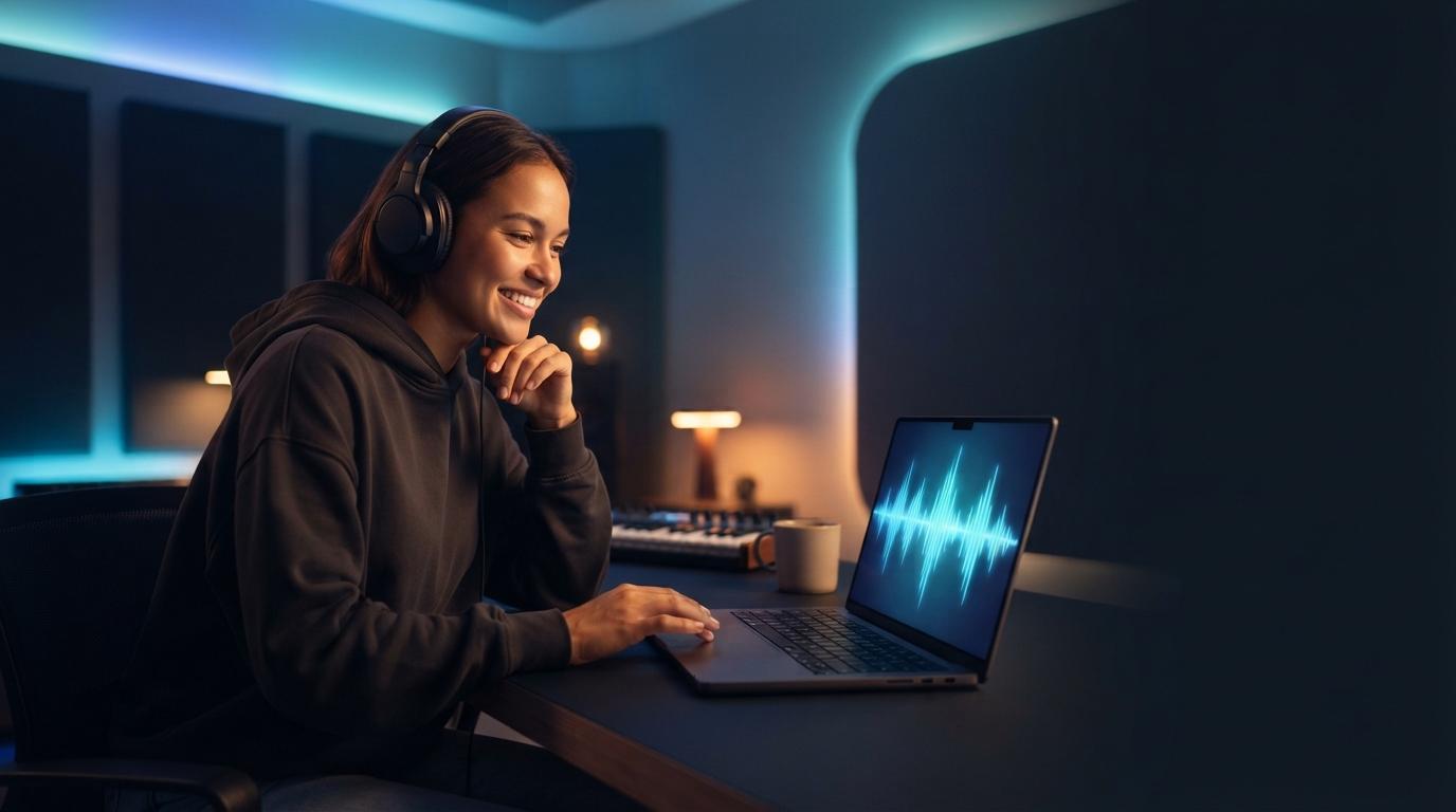 Person making a song on laptop with headphones