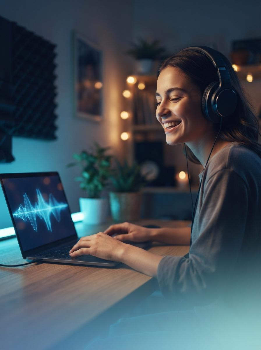Una persona usa un laptop e cuffie per creare musica da un testo
