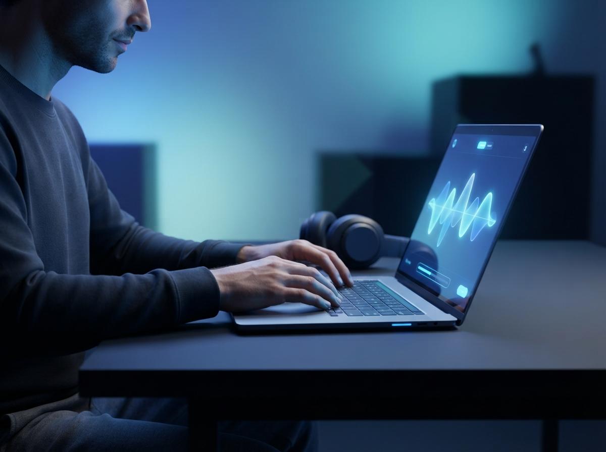 Persona che scrive un comando musicale su un laptop con un'interfaccia a forma d'onda luminosa