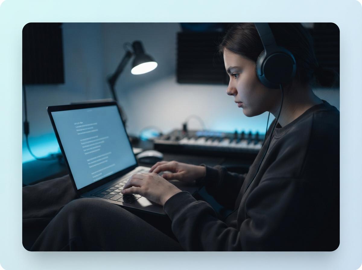Person typing lyric ideas on a laptop in a casual music setup
