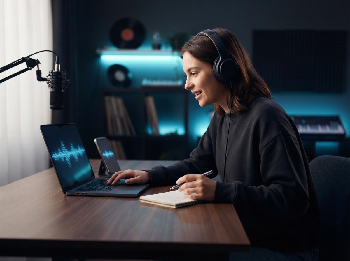 Person shaping lyric prompts on a laptop with blue music interface