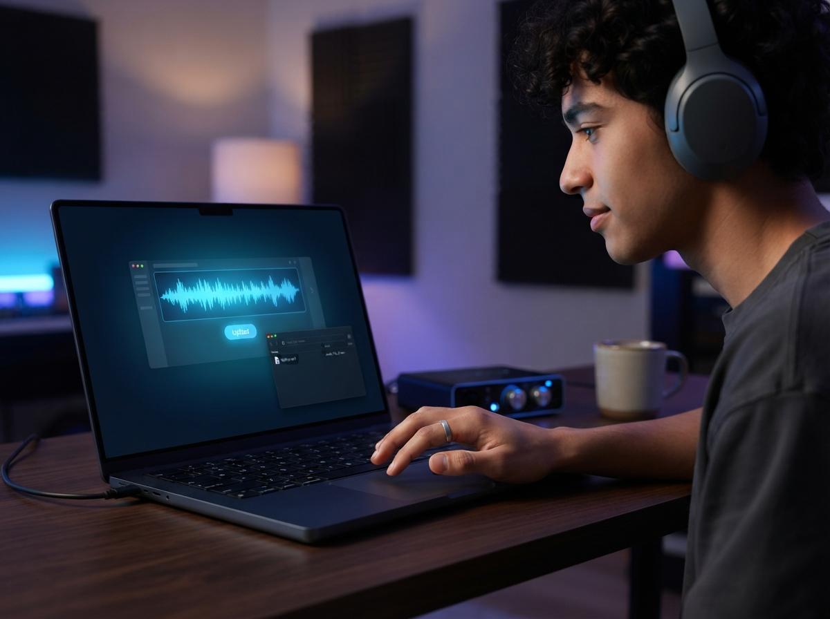 Person uploading a mixed song file on a laptop
