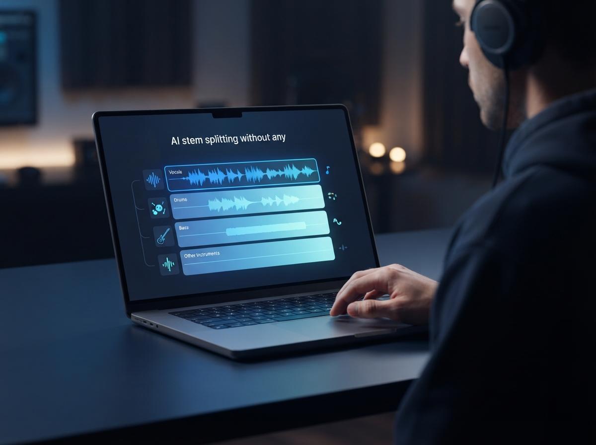 Music separation tool showing vocals drums bass and instrument parts