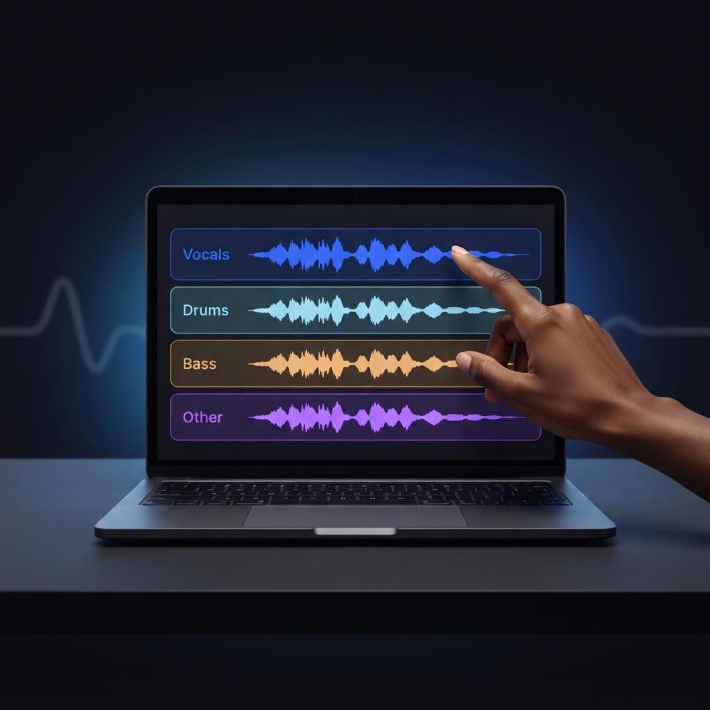 Beginnende maker bekijkt gescheiden liedlagen op een laptop