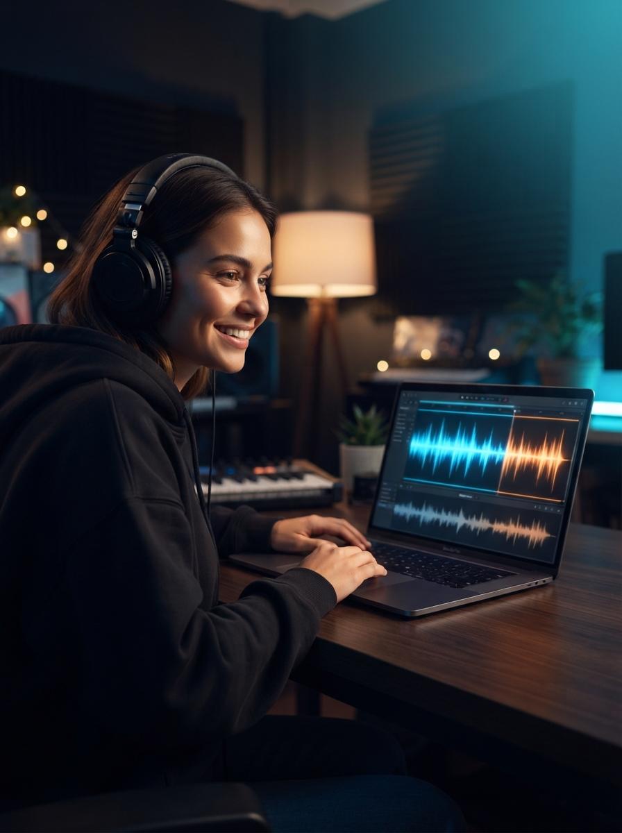 Orang sedang melihat pratinjau lagu yang sudah di-master sebelum dan sesudah di laptop