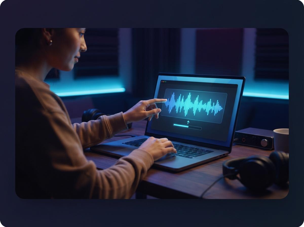 Seseorang sedang mengunggah file lagu campuran di laptop