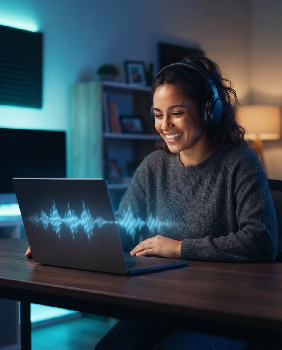 Orang membuat musik di laptop pada malam hari