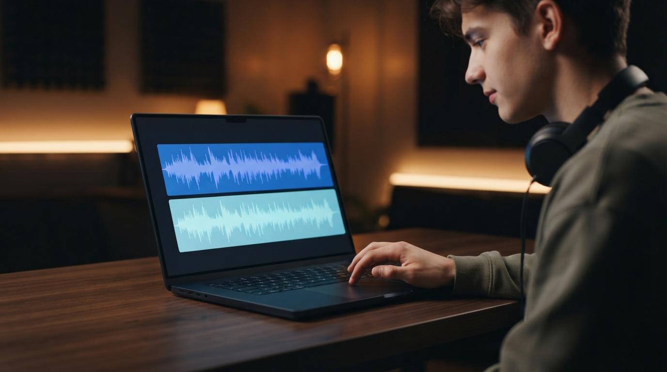 Persona usando una computadora portátil para separar la voz de la música con edición de forma de onda en pantalla