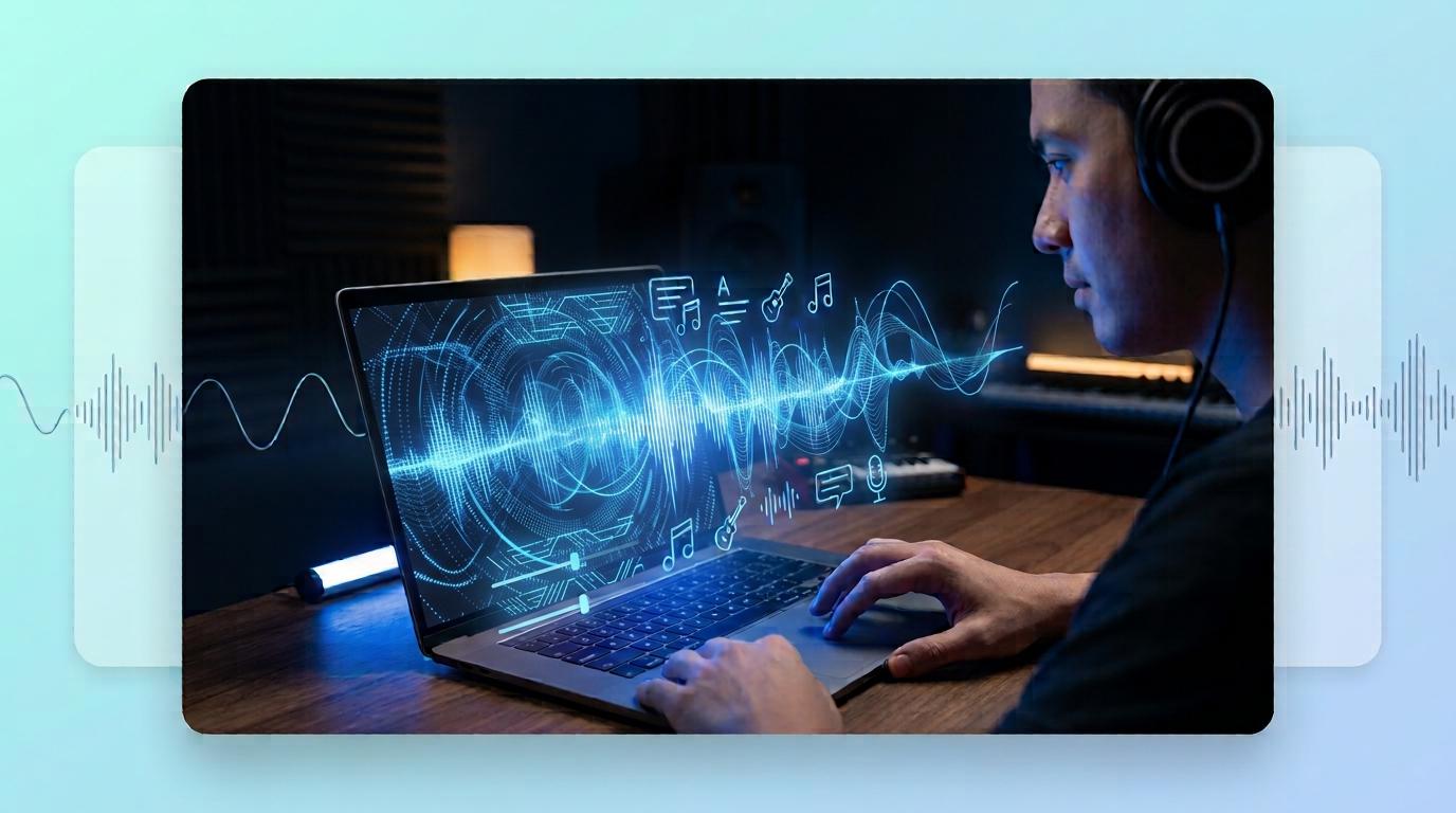 Persona usando una laptop y audífonos para crear música con controles de forma de onda azules brillantes