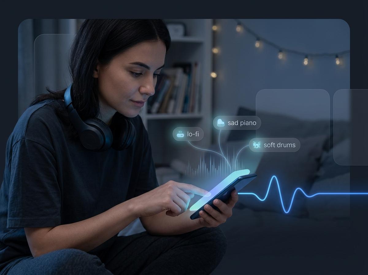 Persona usando una laptop para convertir un mensaje de texto en música en capas