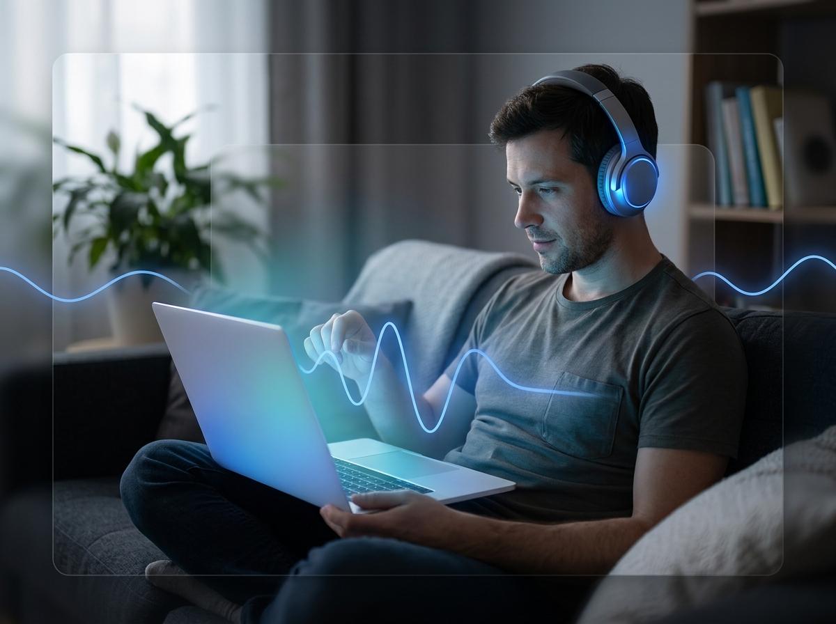 Creador casual explorando diferentes usos para la música hecha con IA en una laptop