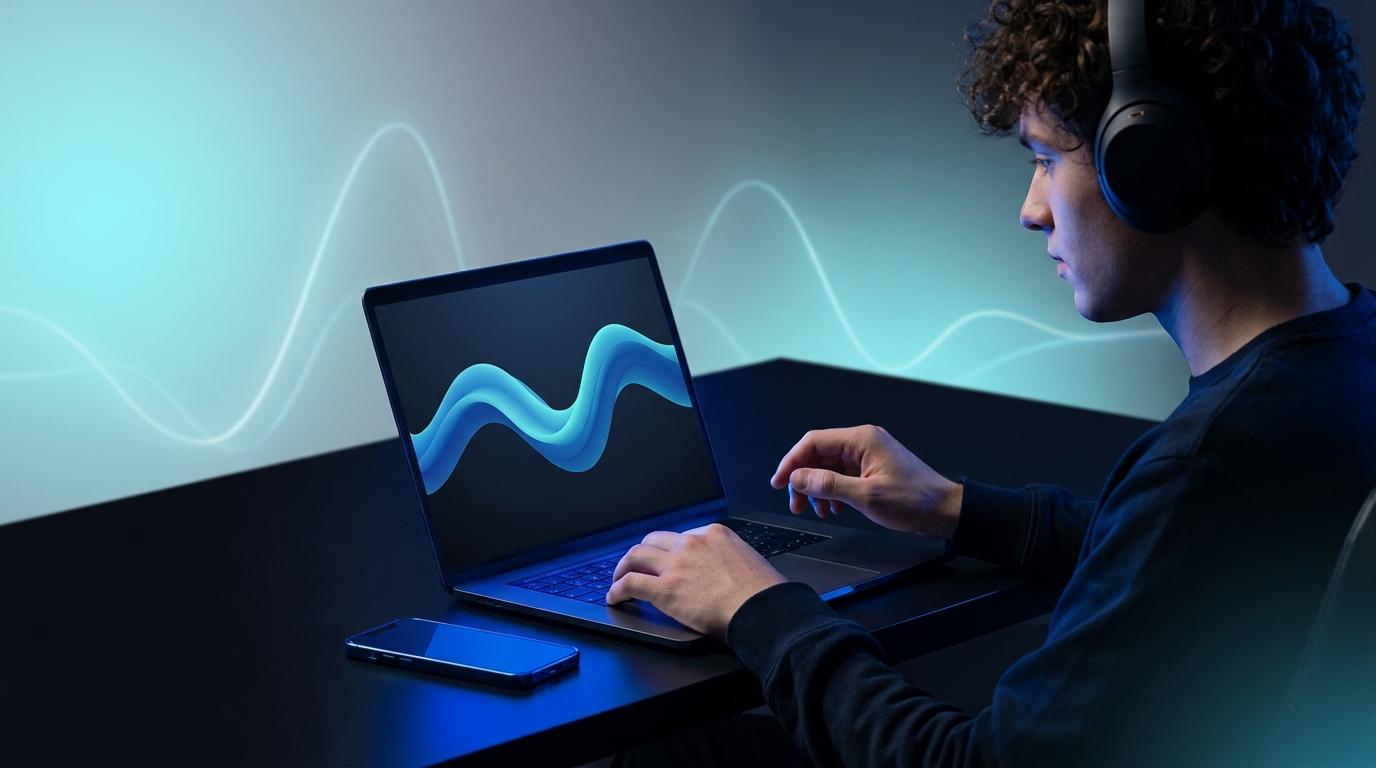 Persona creando música en un portátil con una interfaz de forma de onda azul en una habitación oscura