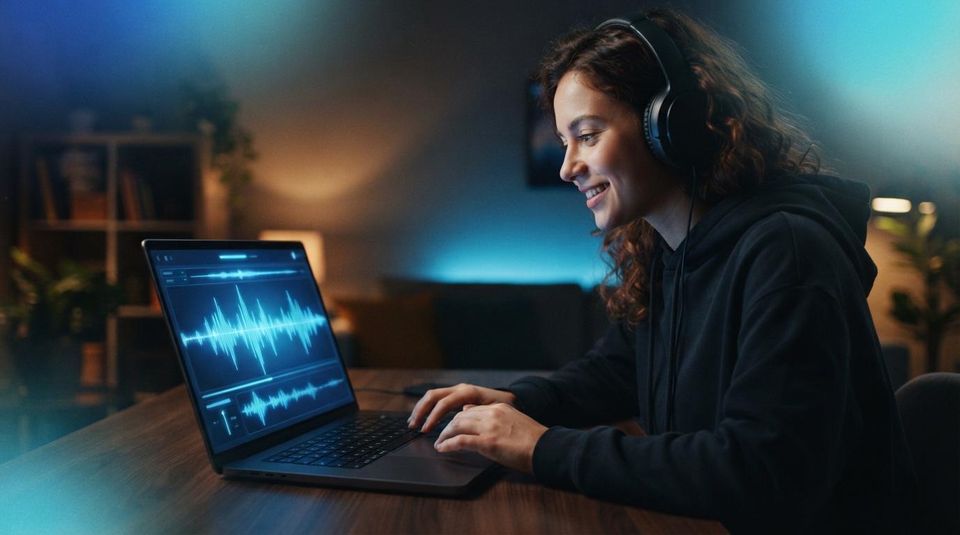 Persona creando música en una laptop con una interfaz de forma de onda azul en una habitación oscura