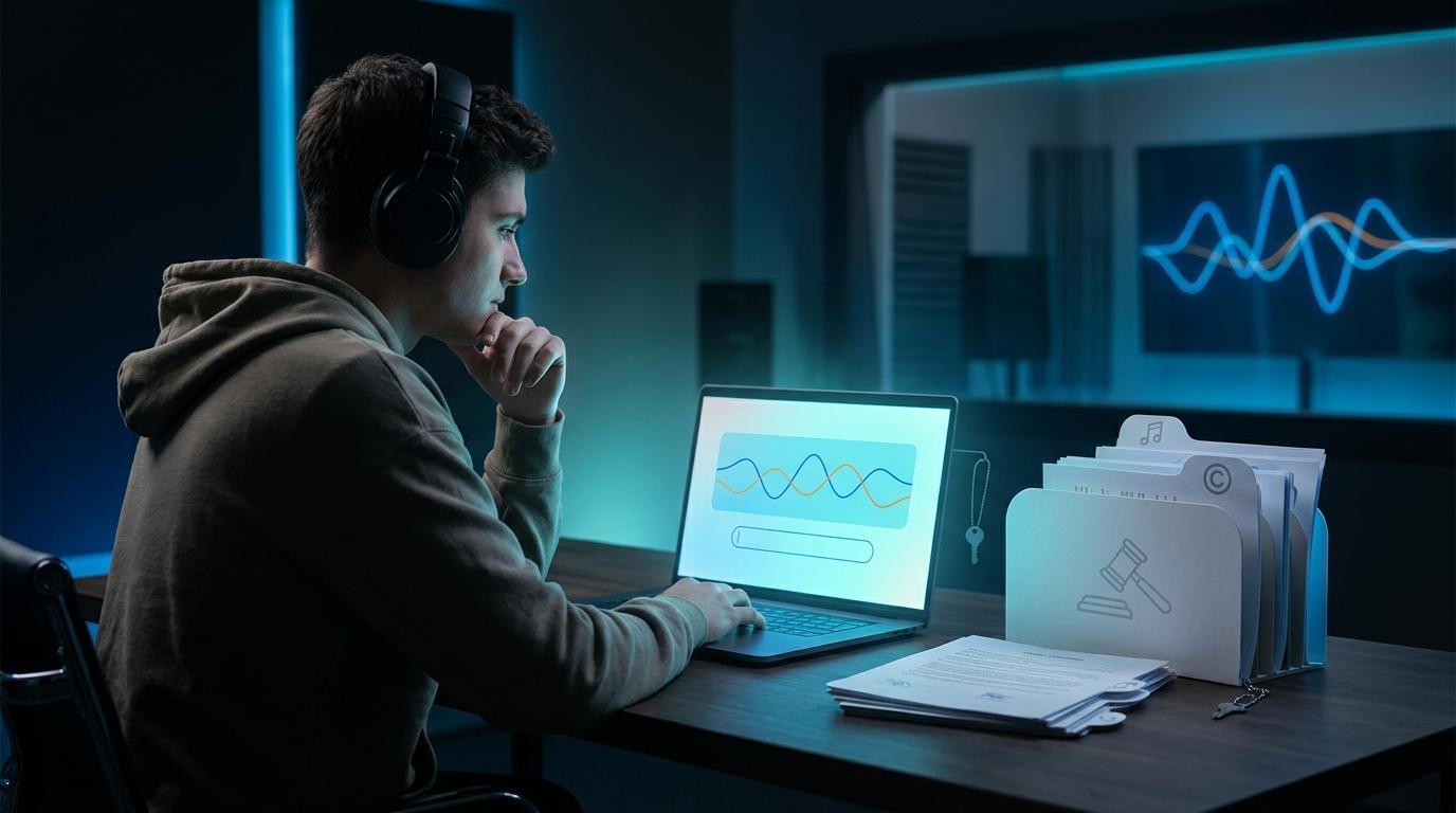 Persona revisando música IA en un portátil con documentos legales en un estudio azul oscuro