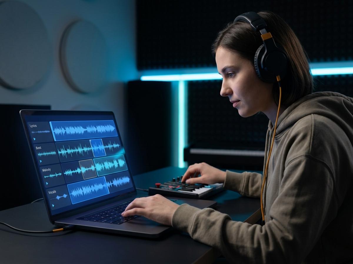 Persona che controlla i dettagli del copyright musicale su un laptop con schermo a forma d'onda luminosa
