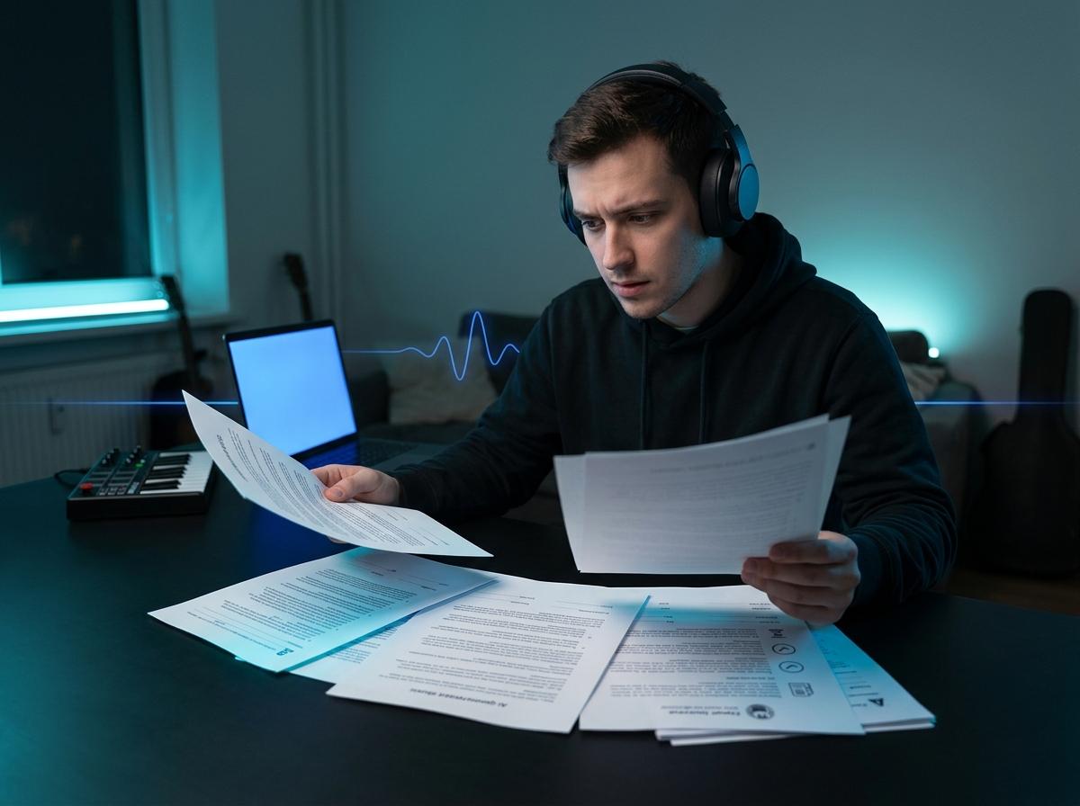 Creatore di musica che esamina i termini di licenza per la musica IA su laptop e telefono