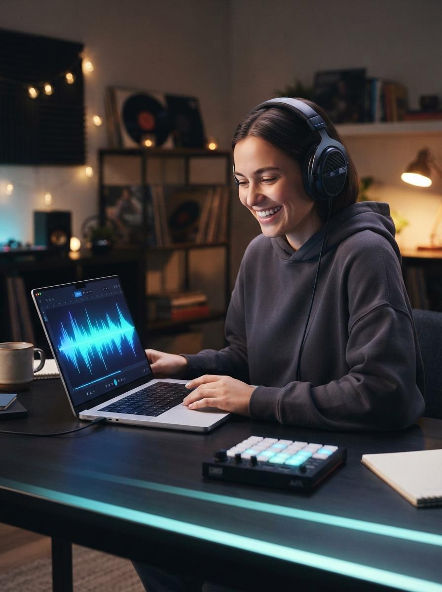 Person skapar bakgrundsmusik på en laptop med blått vågformigt sken
