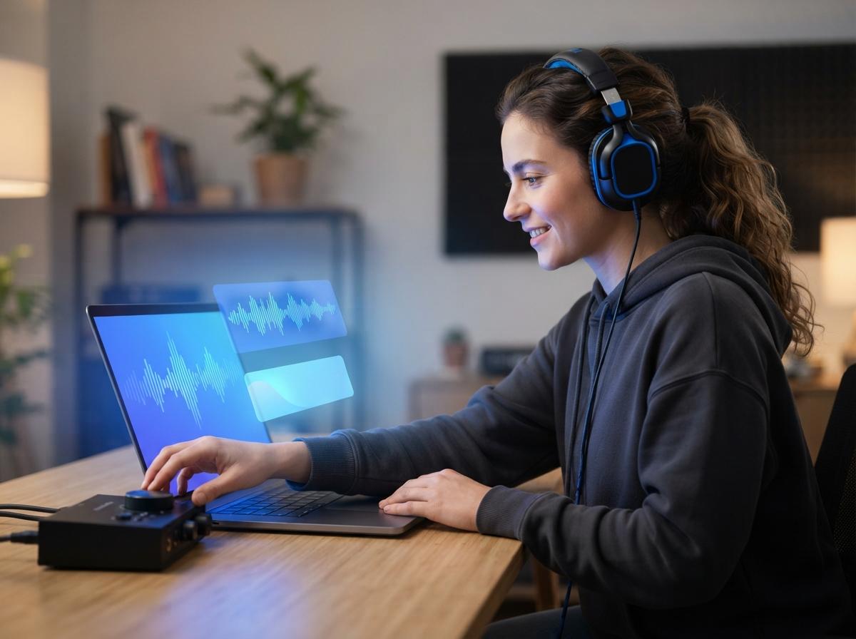 Kreatör formar mjuk ambient bakgrundsmusik på en laptop